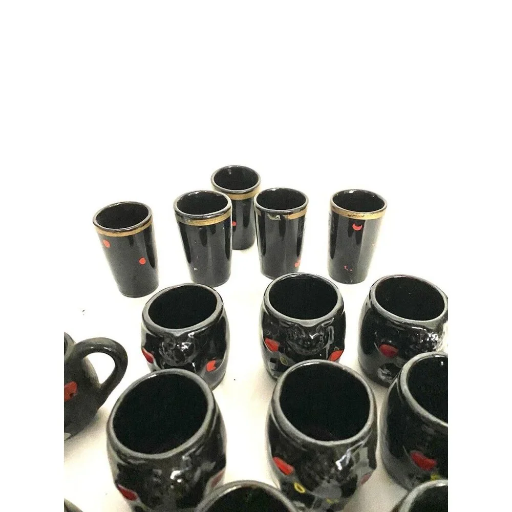 15  Ceramic Black Poodle Dog Face MCM Mini Tea Cups Shot Glasses‎ Japan